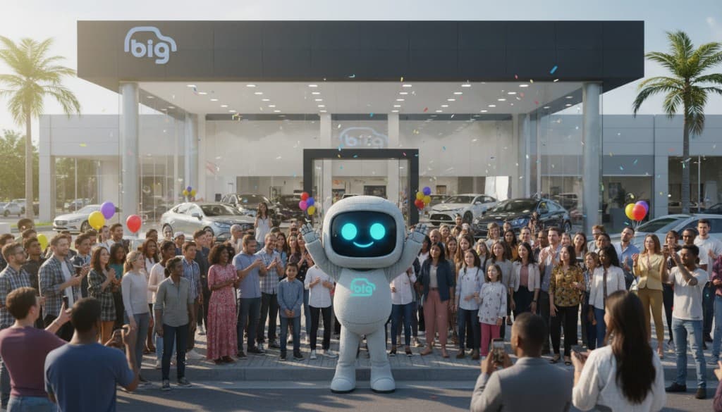 Big Wants Your Car celebration with robot mascot and crowd at dealership